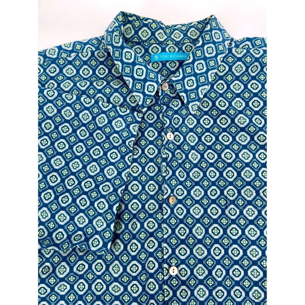 Tori Richard XL Blue Geometric Print Cotton Lawn Button Shirt Made In Hawaii